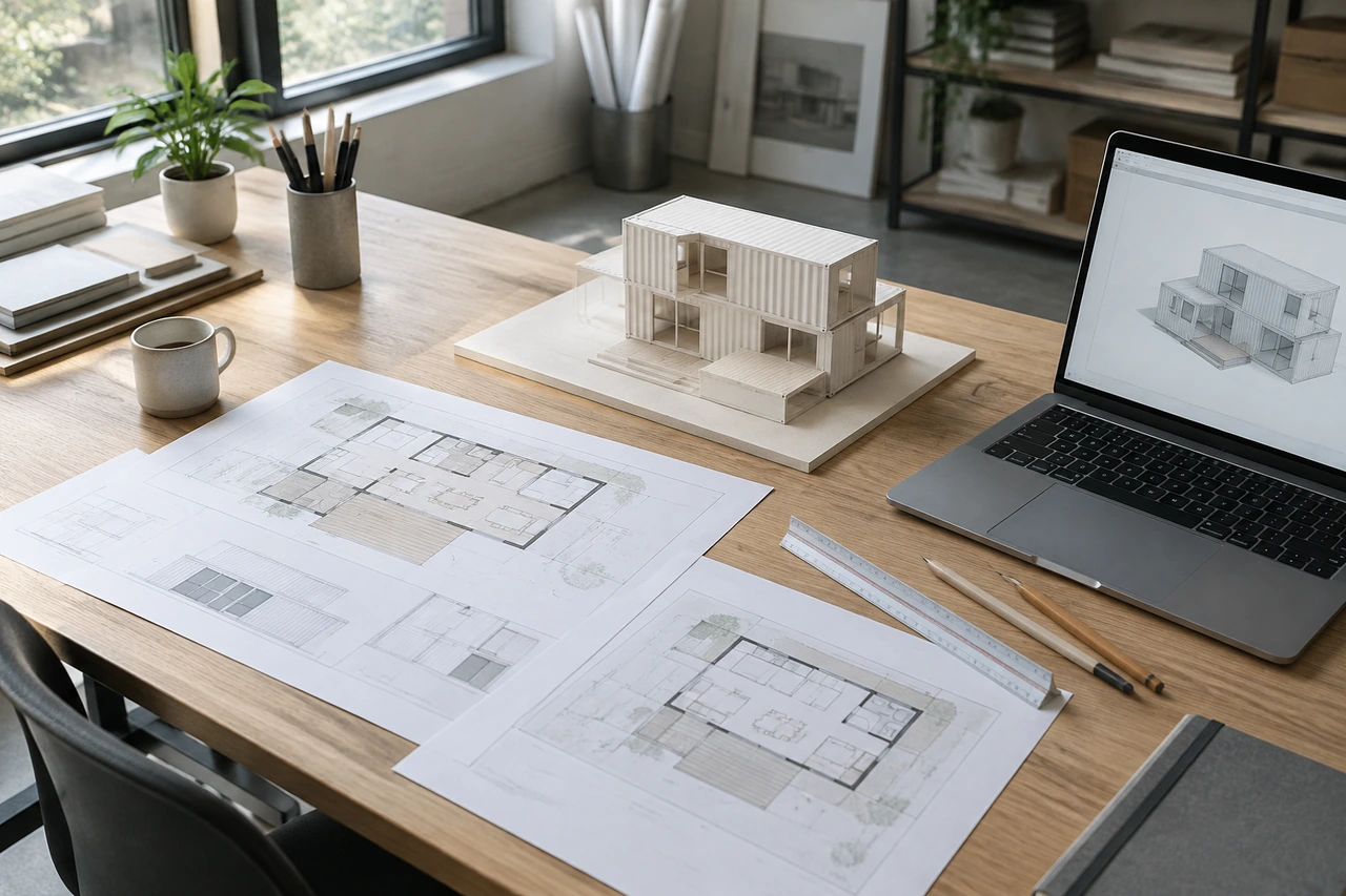 Floor plans and a model of a container home on a designer's desk