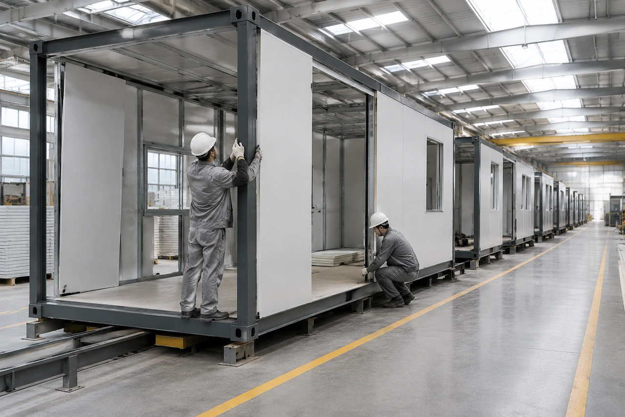 Workers assembling container house modules inside the production hall