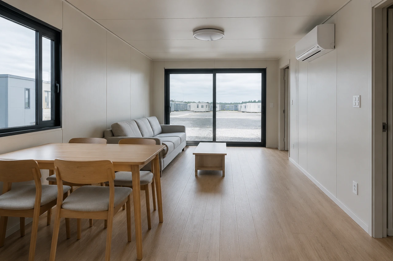 Living and dining area of a finished container house